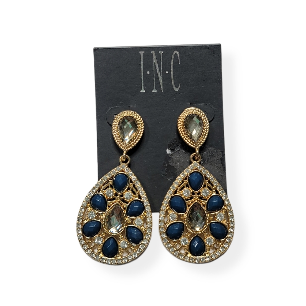 INC Gold Navy Blue Tear Drop Earrings Large